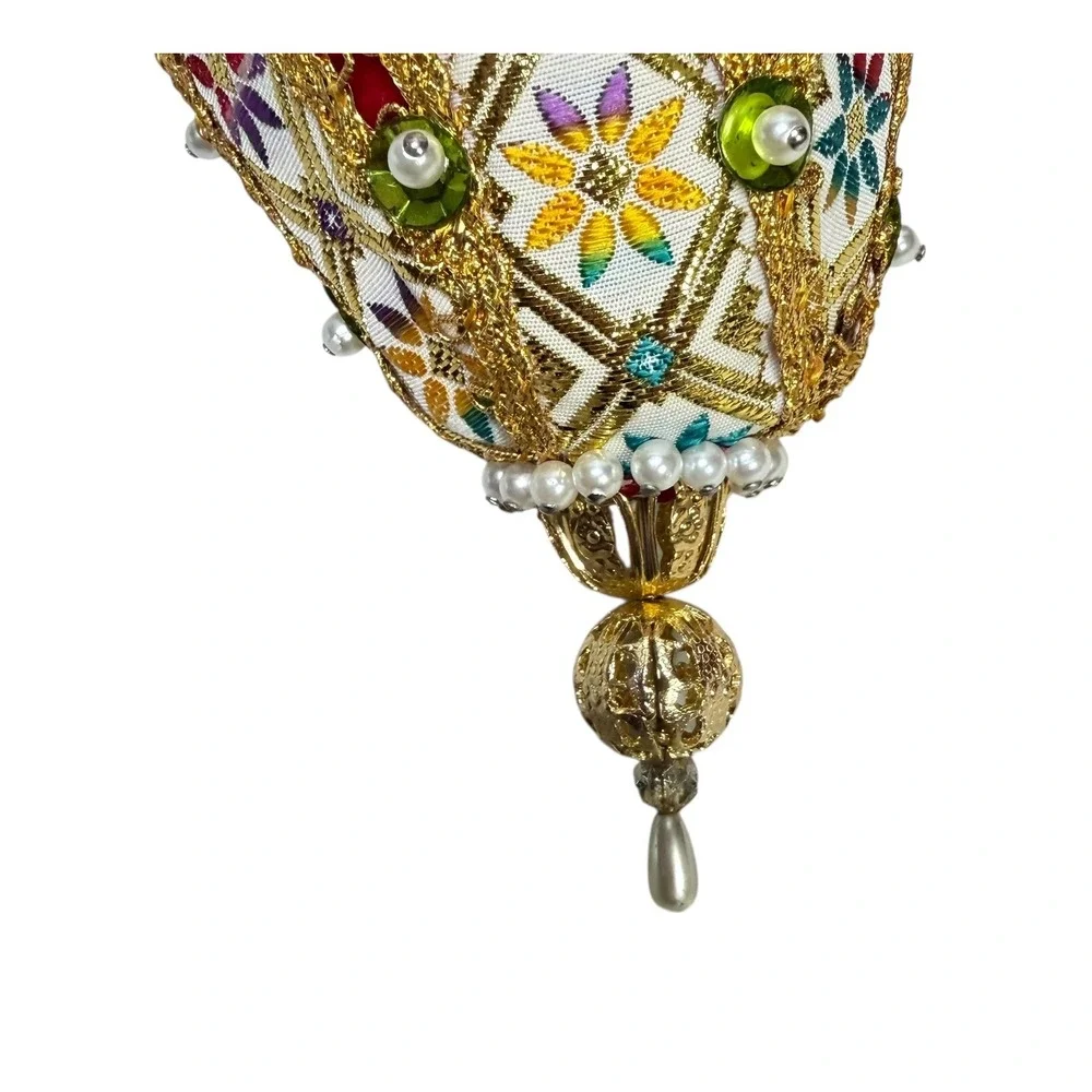 Vintage Beaded Embroidered Egg Christmas Ornament Gold Red‎ Faux Pearl 5